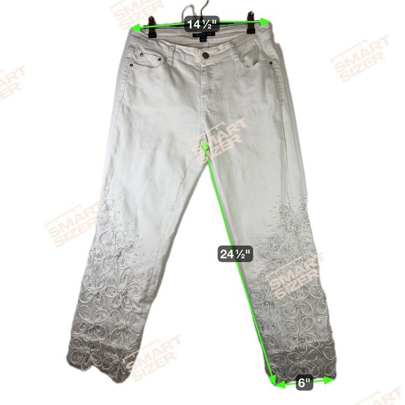 White Juliette Cropped Jeans Sz 6 Embroidered Floral Lace Overlay Sequins Chic - Picture 3 of 14